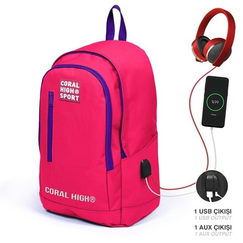 Coral High Sport Neon Mercan Mor Üç Bölmeli USB Şarjlı Kulaklık Çıkışlı Sırt Çantası 23235