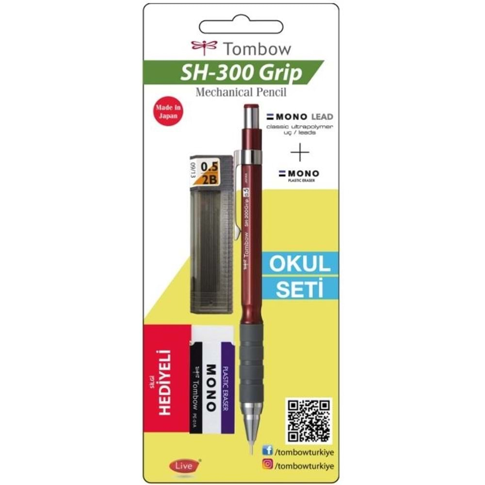 Tombow SH-300 Grip Mekanik Kurşun Kalem 0.5 mm Okul Seti Bordo