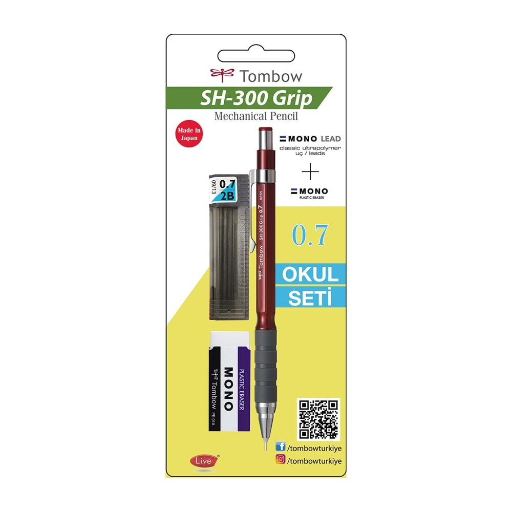 Tombow SH-300 Grip Mekanik Kurşun Kalem 0,7mm Okul Seti Bordo