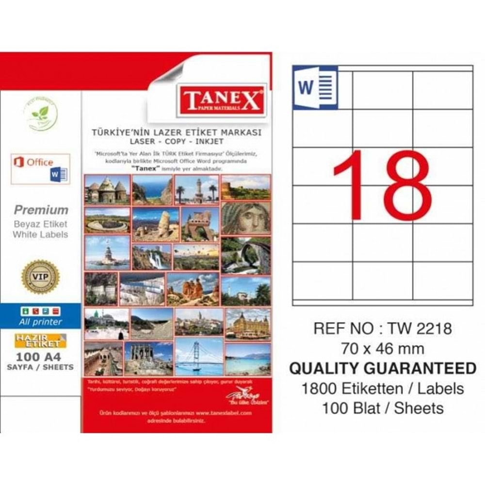 Tanex Laser Etiket Tw-2218 70 X 46 Mm