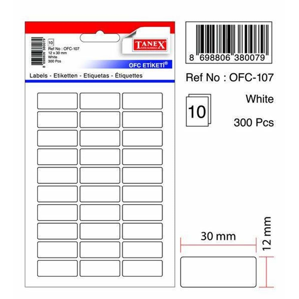 Tanex Etiket 12x30 mm Beyaz 300 Pcs OFC-107