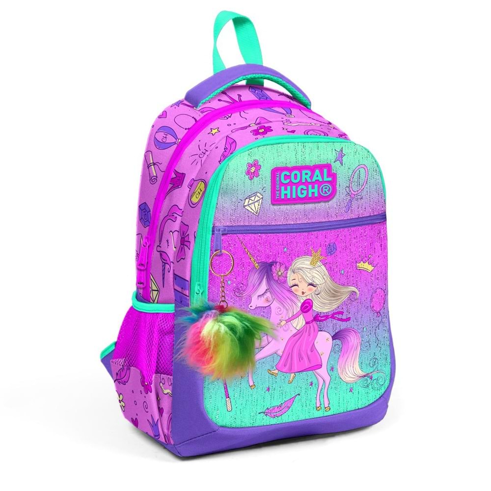 Coral High Kids Pembe-Yeşil Unicorn Desenli Üç Bölmeli Okul Sırt Çantası 23481