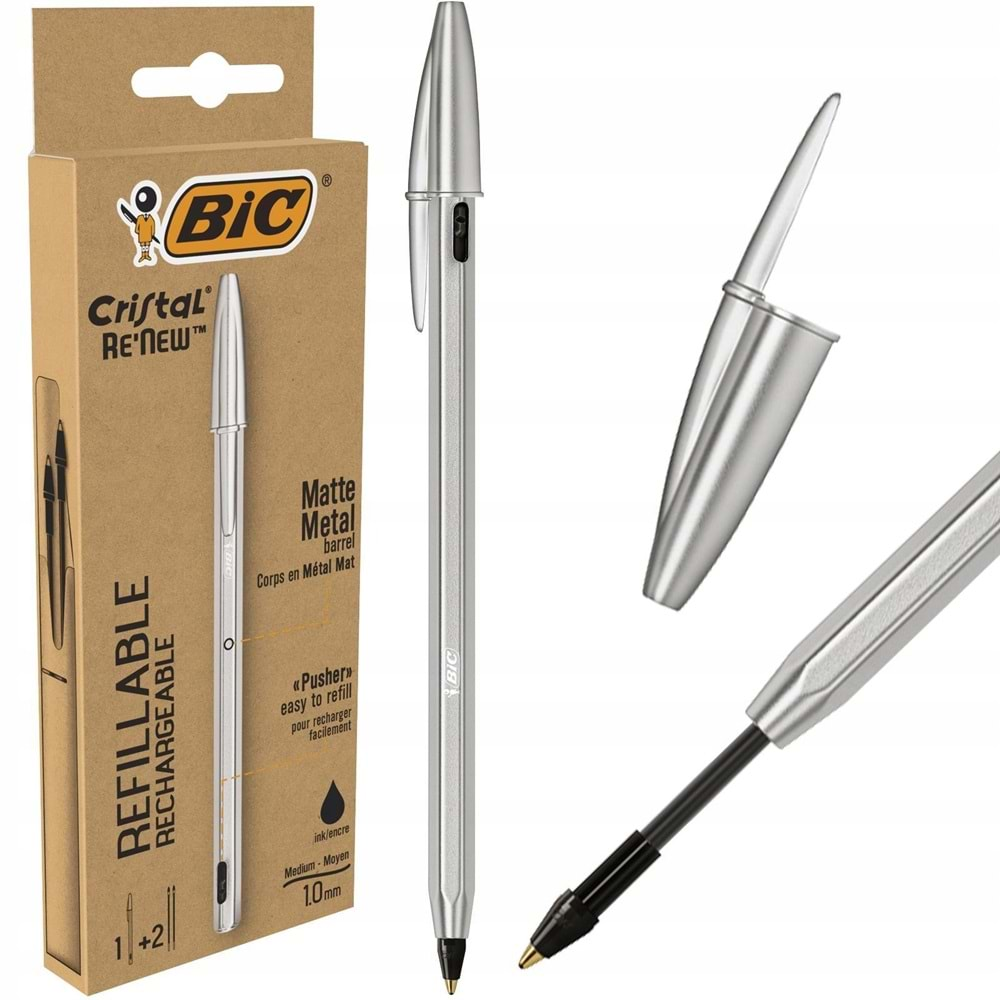 Bic Cristal Renew Metal Gövdeli Siyah Tükenmez Kalem Ve 2 Yedek Ucu