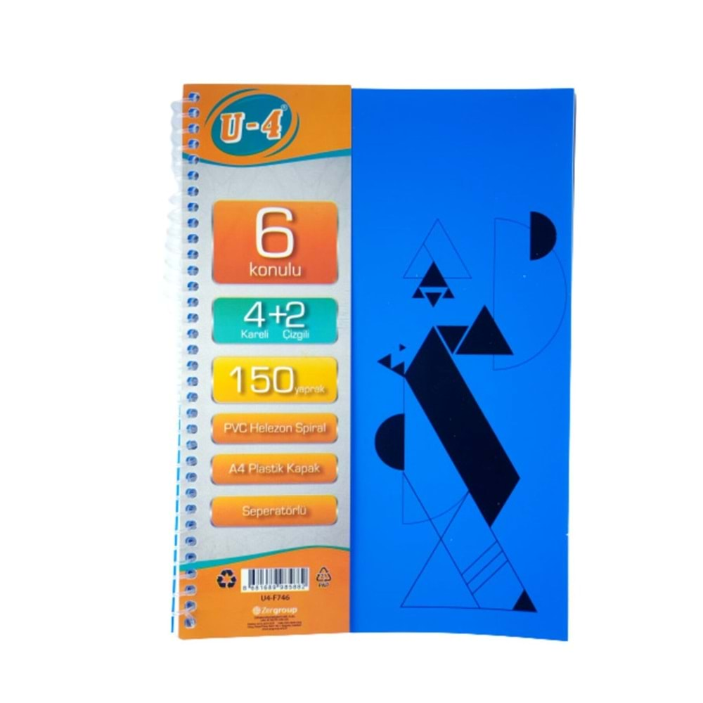 Tokaç U4 4+2 Bölümlü 150 Yaprak A4 Spiralli Ayraçlı Defter 4 Kareli 2 Çizgili Çoklu Defter