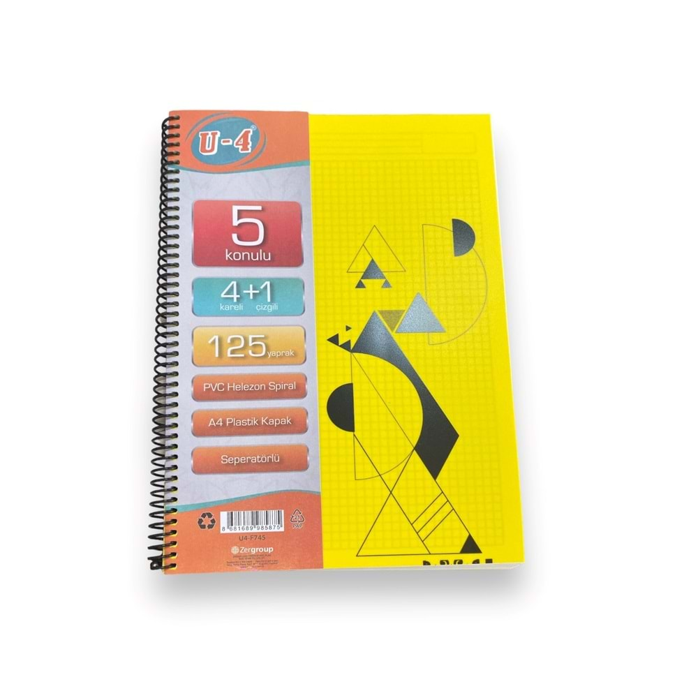 Tokaç U4 4+1 Bölümlü 125 Yaprak A4 Spiralli Ayraçlı Defter 4 Kareli 1 Çizgili Çoklu Defter