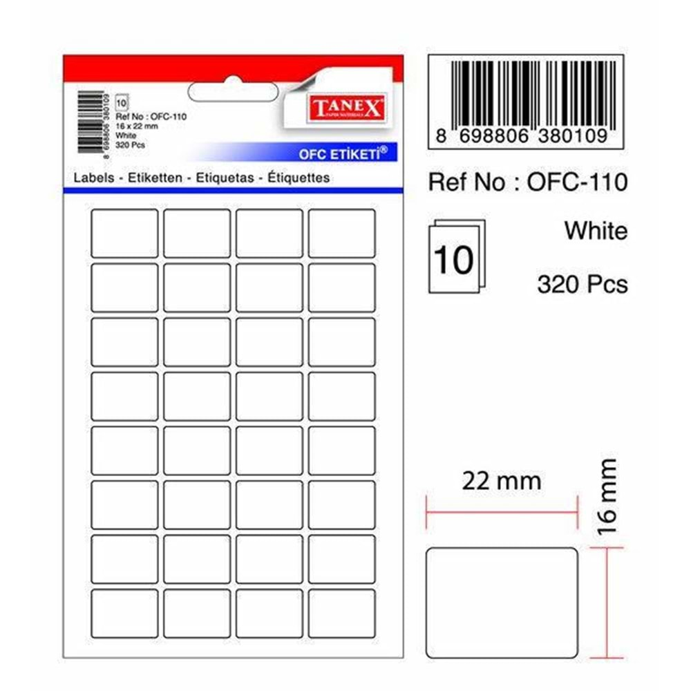 Tanex 16x22 mm Poşet Ofis Etiketi Beyaz Ofc-110