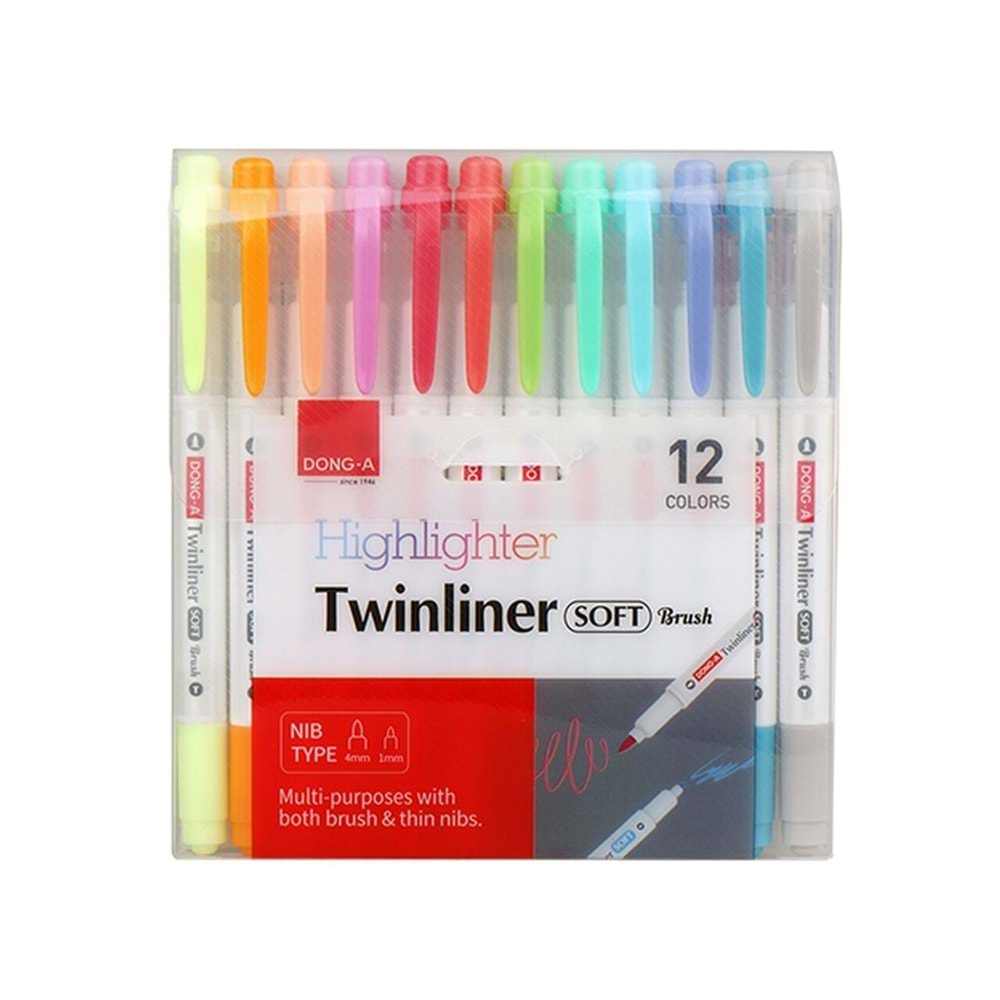 Dong-A Twinliner Soft Çift Uçlu Brush Fosforlu Kalem 12 Li Set