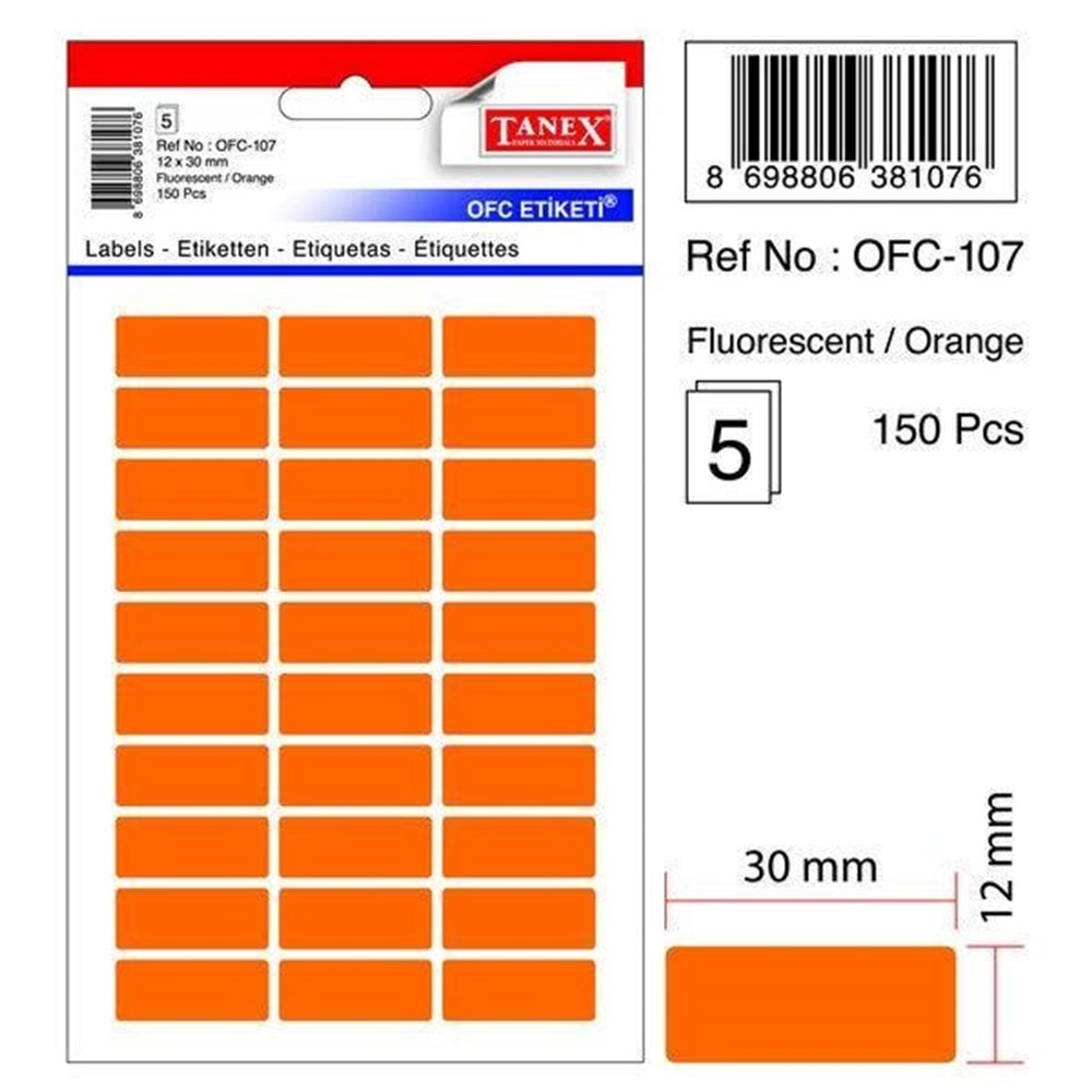 Tanex Ofc-107 Ofis Etiketi Fosforlu Turuncu 12x30 mm