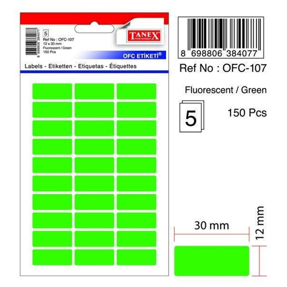 Tanex Ofc-107 Ofis Etiketi Fosforlu Yeşil 12x30 mm