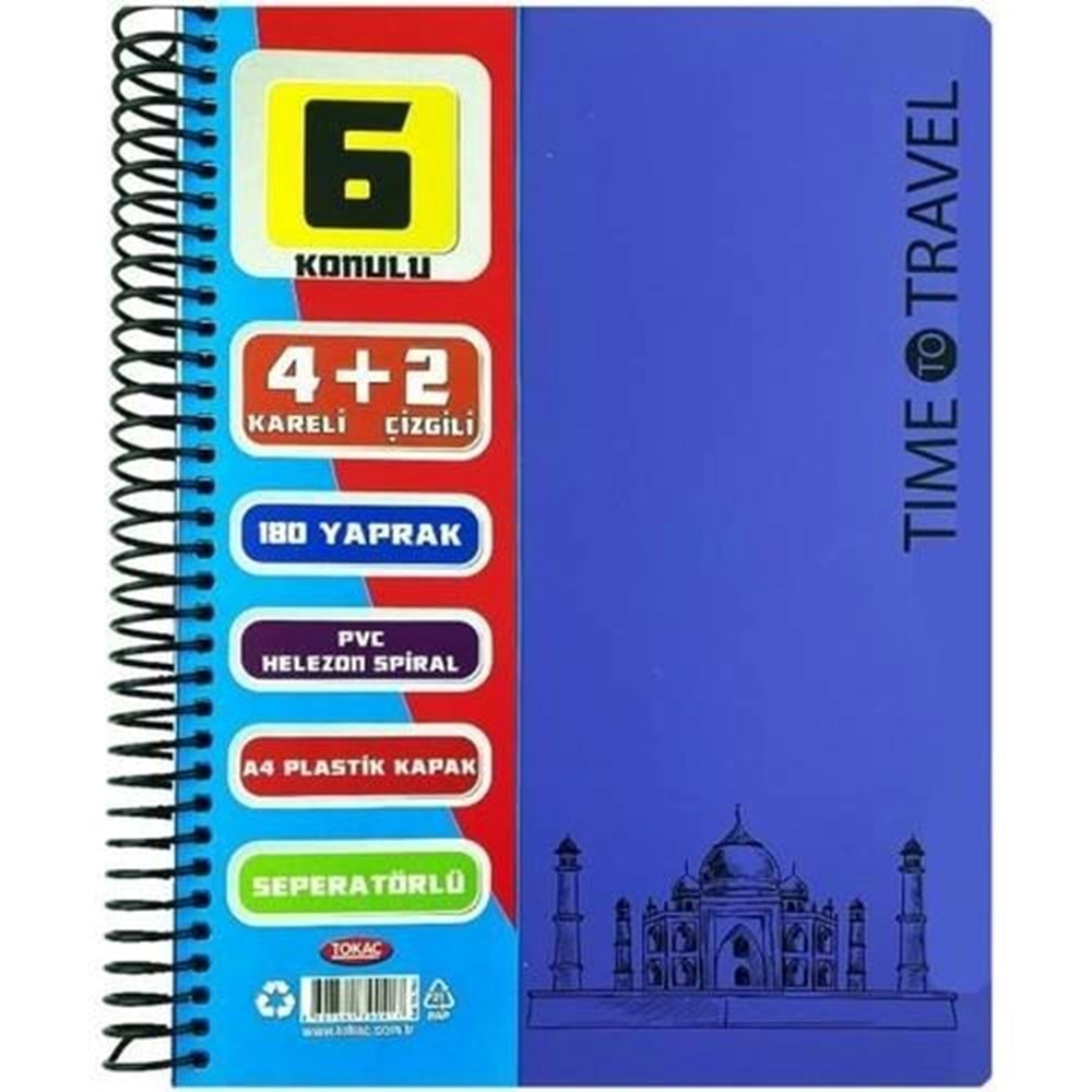 Tokaç 4+2 Bölümlü 180 Yaprak A4 Spiralli Ayraçlı Defter 4 Kareli 2 Çizgili Çoklu Defter