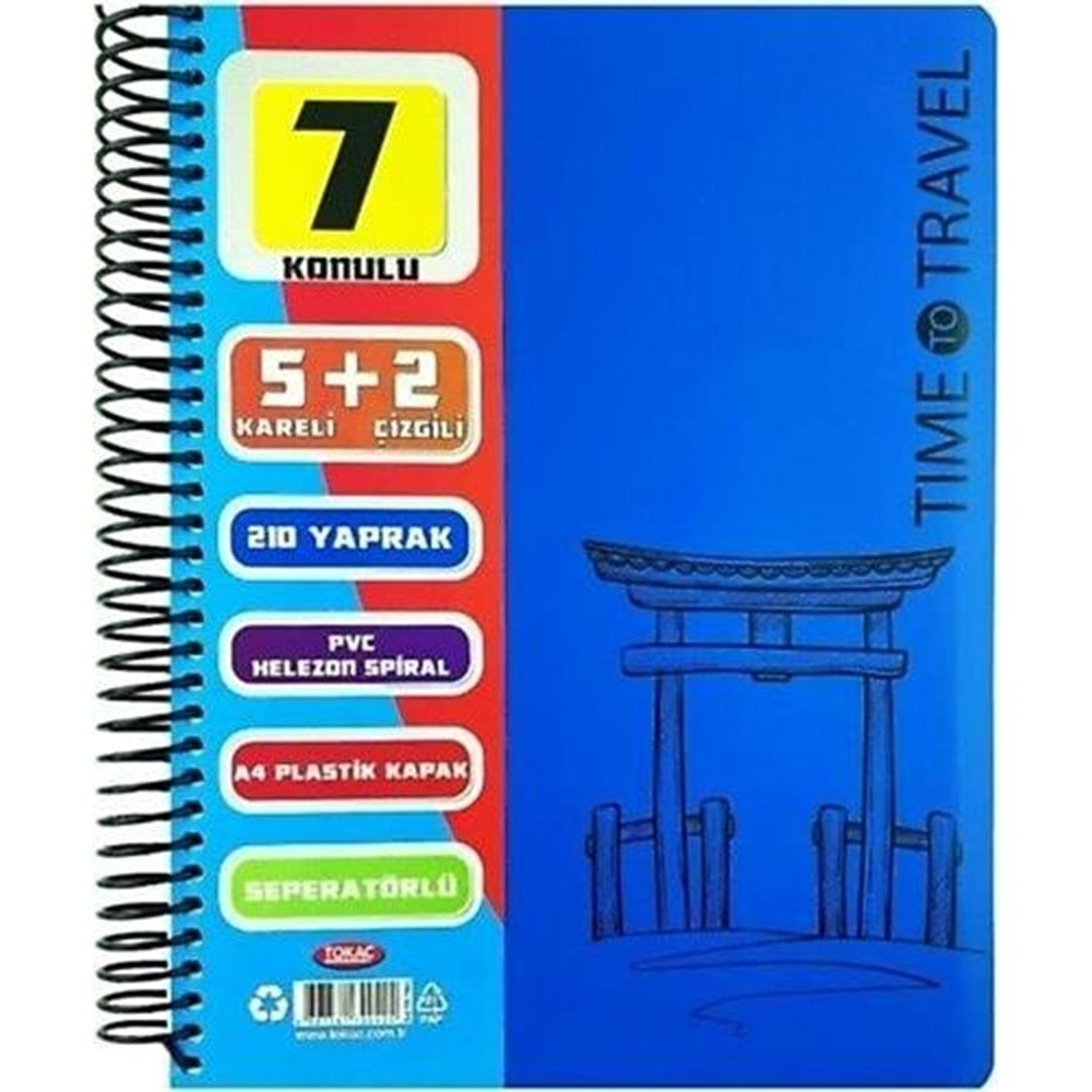 Tokaç 5+2 Bölümlü 210 Yaprak A4 Spiralli Ayraçlı Defter 5 Kareli 2 Çizgili Çoklu Defter