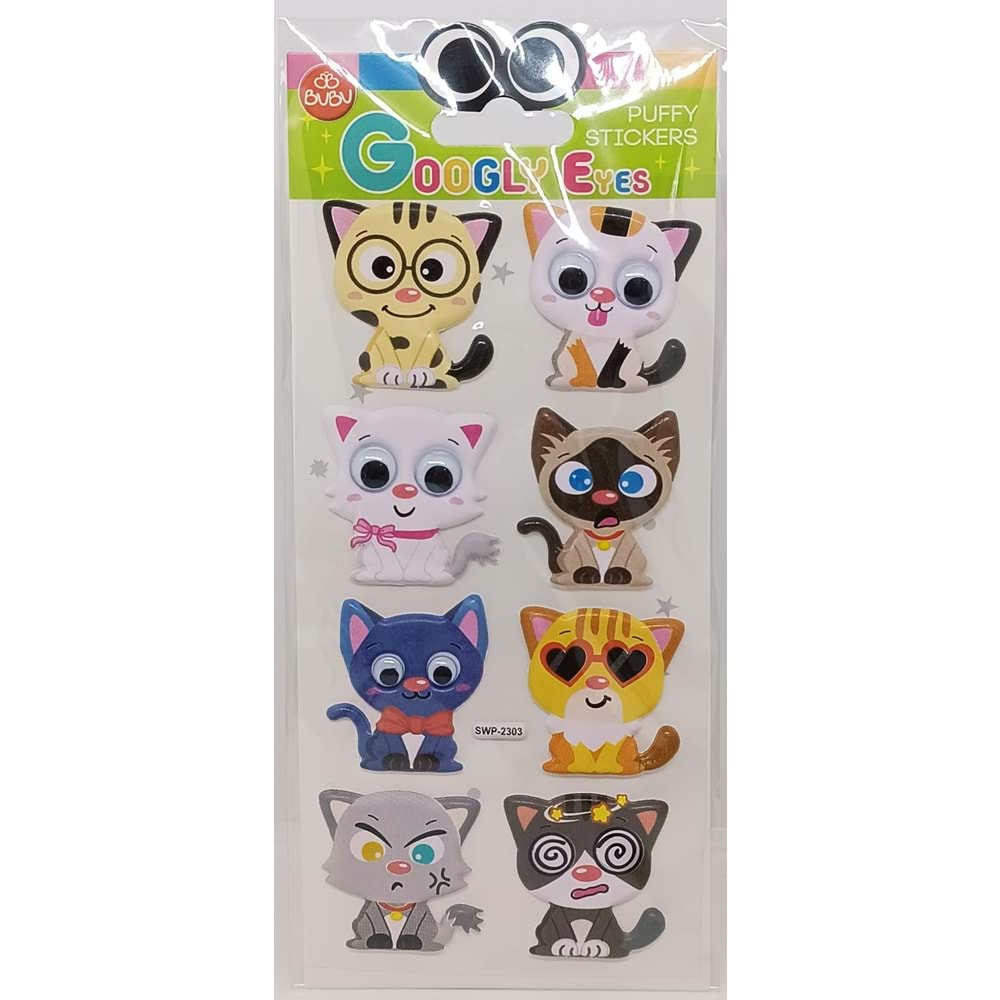 Bu-Bu Şaşkın Gözler Puffy Sticker Kediler 9x21 SWP-2303