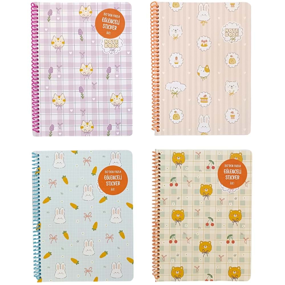 Keskin Color Karton Kp. Stickerlı Spiralli 80 Yp. Kareli Kawaii Defter 16,5x22,5 cm