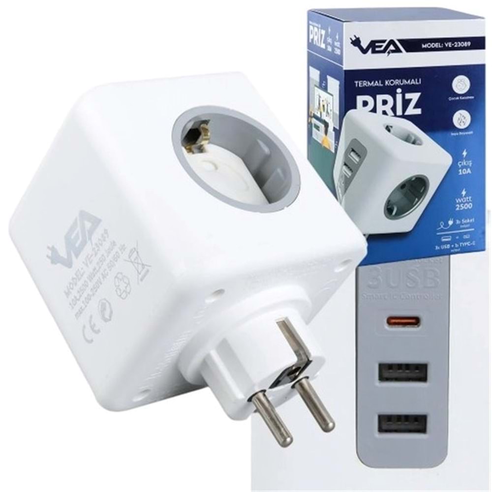 VEA VE-23089 2x USB 1x Type-C 3 Lü Çocuk Ve Termal Korumalı Grup Priz