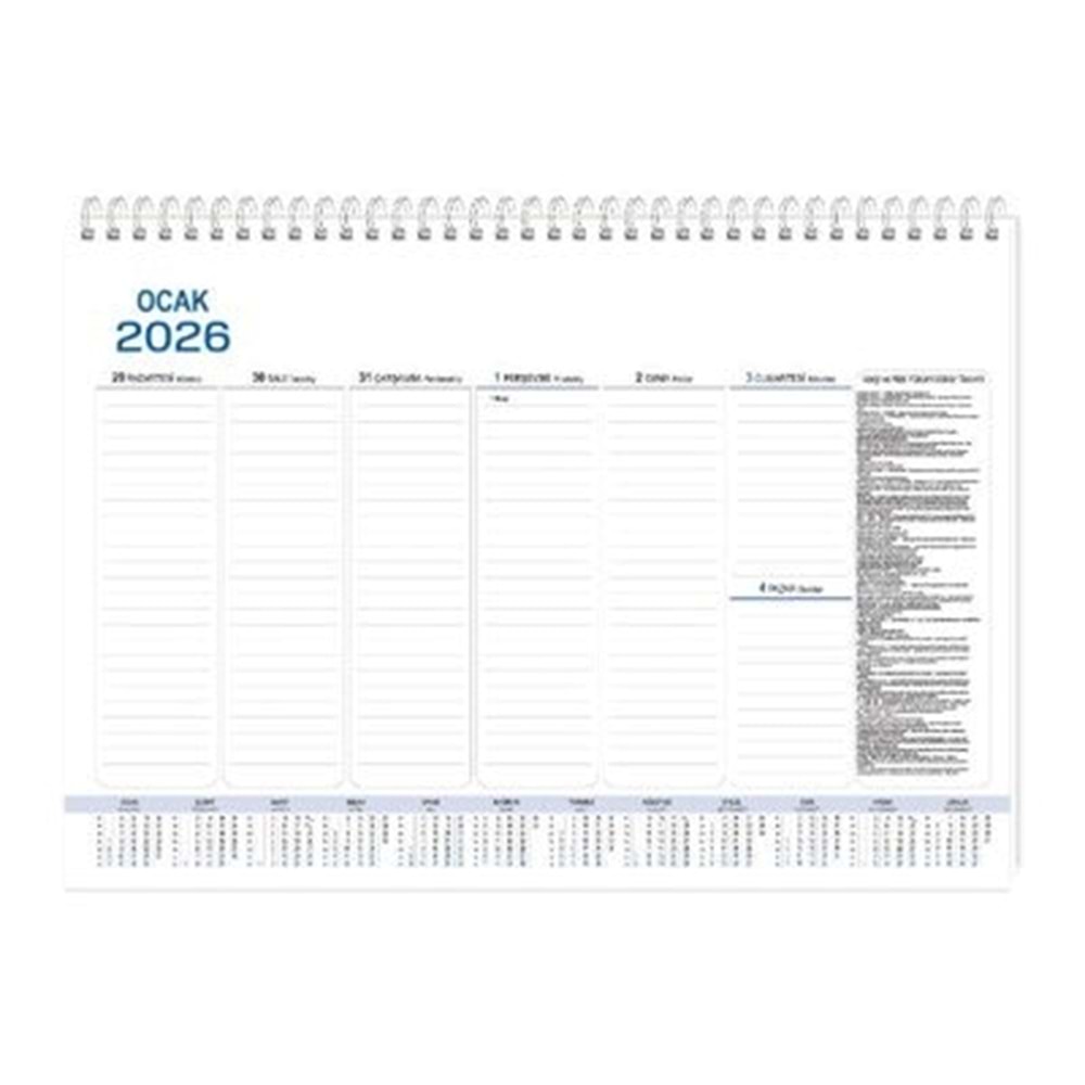 Keskin Color 2026 Haftalık Masa Sümeni Spiralli 28x40 cm