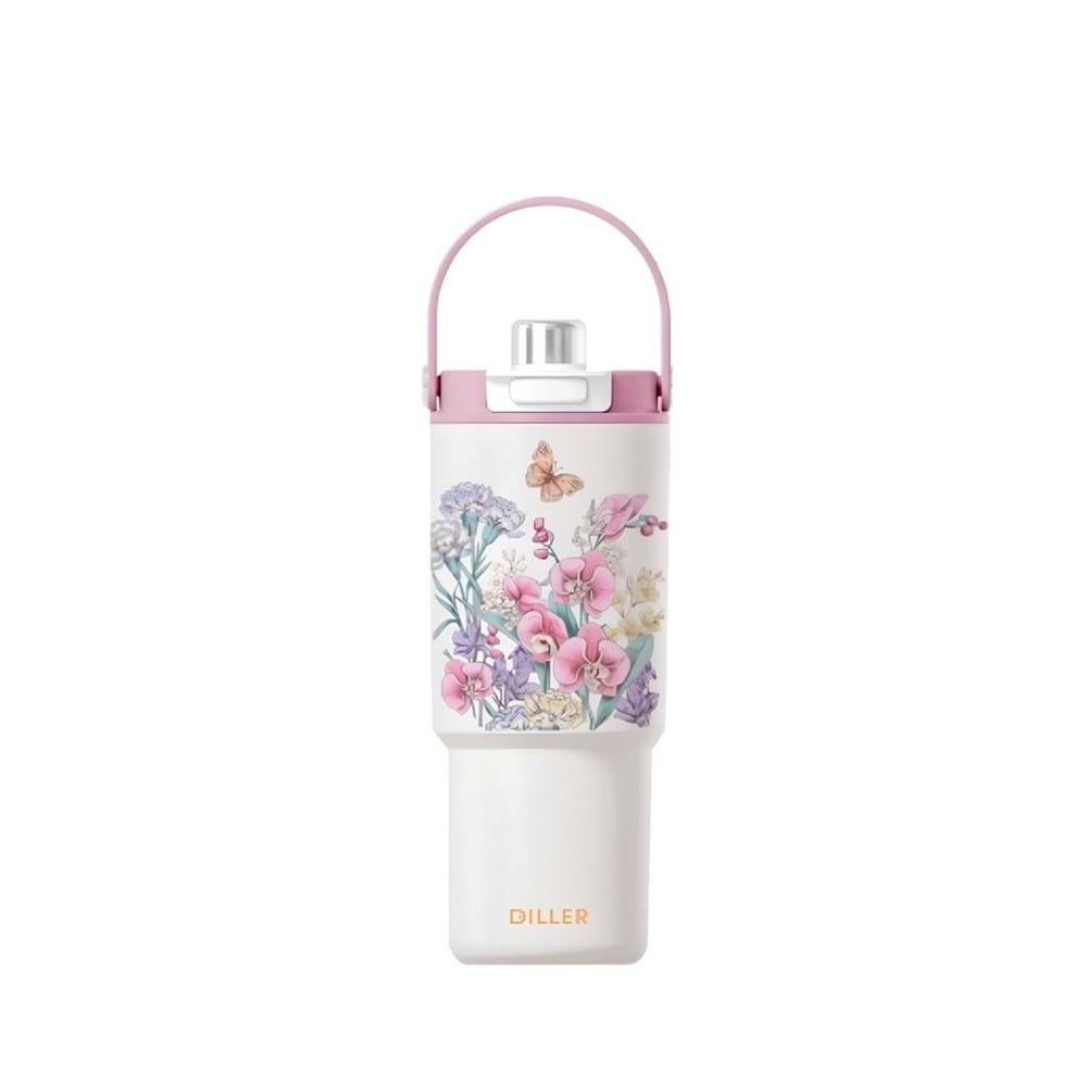 Diller Çiçek Desenli Pembe Paslanmaz Çelik Termos 880 ml. D9508-880