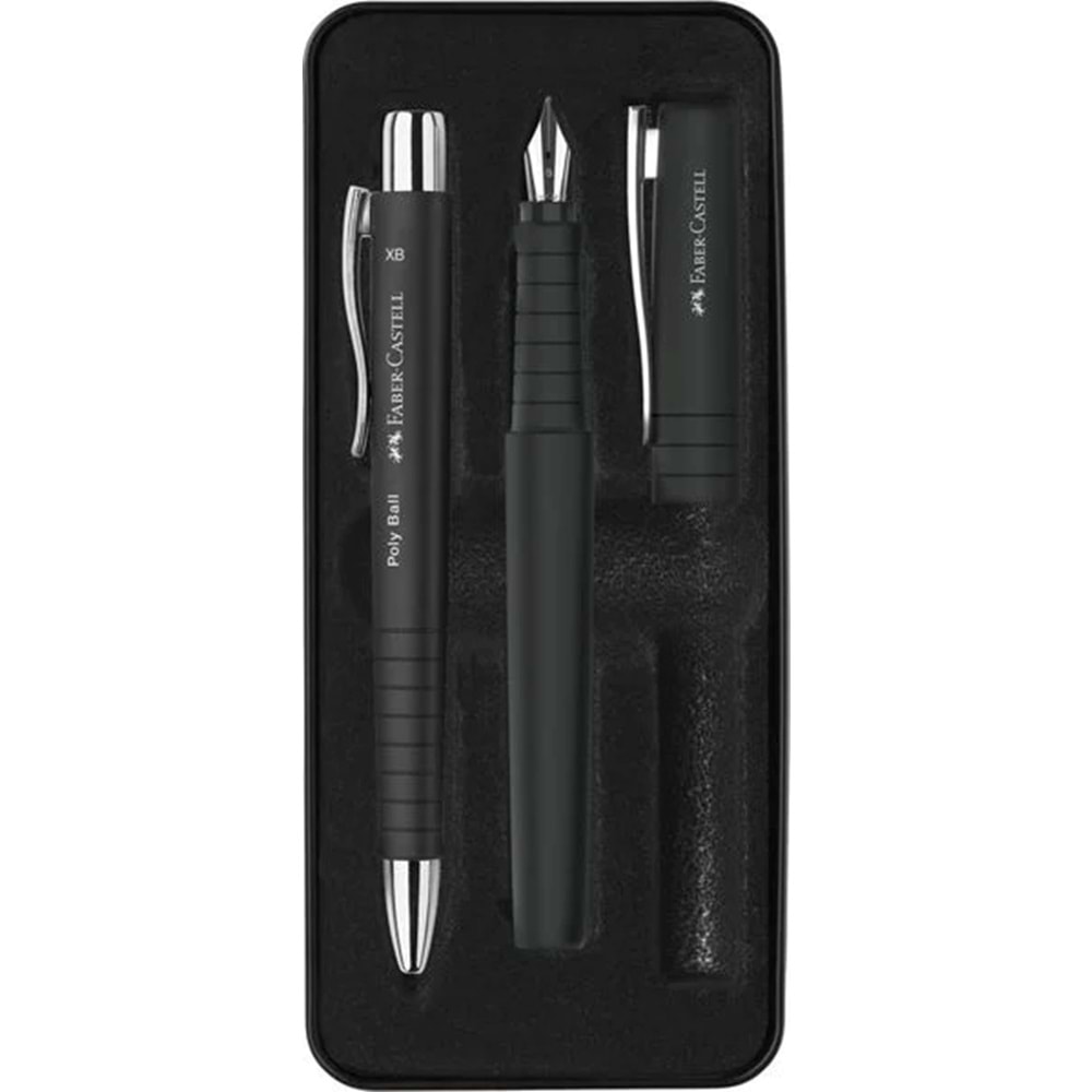 Faber-Castell Poly Ball Dolma Kalem ve Tükenmez Kalem Metal Kutulu Hediye Seti – Siyah