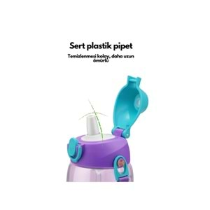 Uzspace 2041 700 ml Kılıflı İki Ayrı Kapaklı Pipetli/Pipetsiz Taşıma Askılı Tritan Çocuk Su Matarası