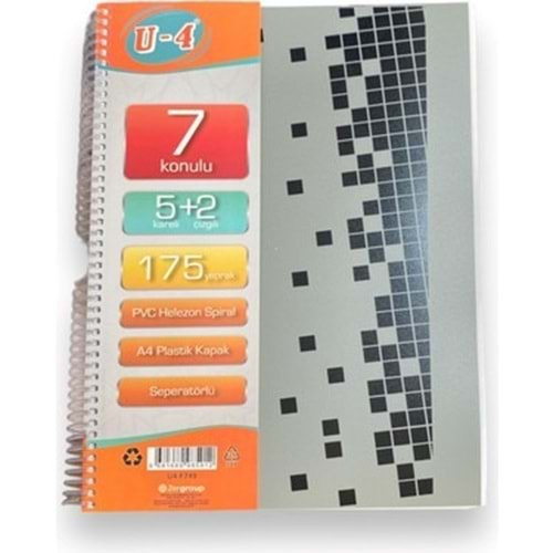 Tokaç U4 5+2 Bölümlü 175 Yaprak A4 Spiralli Ayraçlı Defter 5 Kareli 2 Çizgili Çoklu Defter