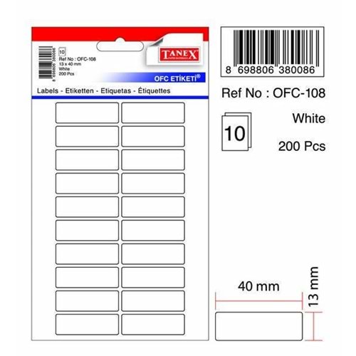 Tanex OFC-108 Çıkartma Etiket 40x13 mm Beyaz 200 Lü