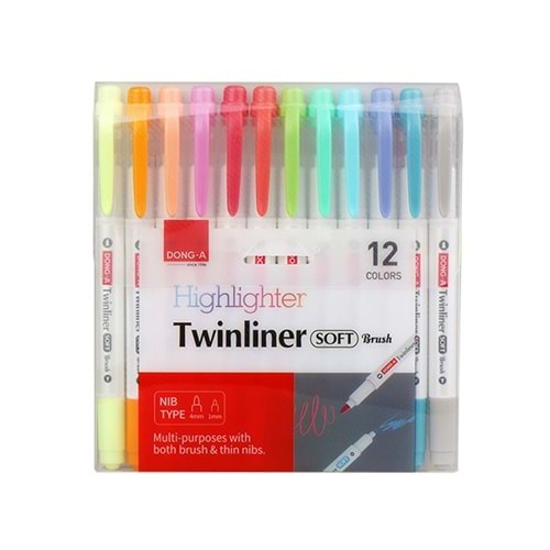 Dong-A Twinliner Soft Çift Uçlu Brush Fosforlu Kalem 12 Li Set