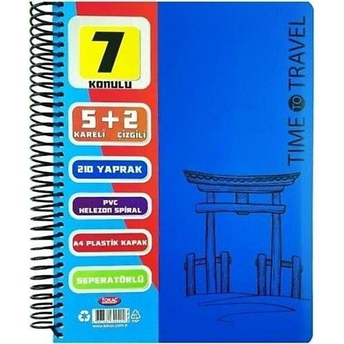 Tokaç 5+2 Bölümlü 210 Yaprak A4 Spiralli Ayraçlı Defter 5 Kareli 2 Çizgili Çoklu Defter