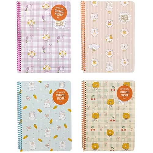 Keskin Color Karton Kp. Stickerlı Spiralli 80 Yp. Kareli Kawaii Defter 16,5x22,5 cm