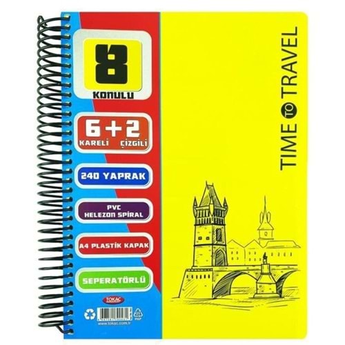 Tokaç U4 6+2 Bölümlü 240 Yaprak A4 Spiralli Ayraçlı Defter 6 Kareli 2 Çizgili Çoklu Defter