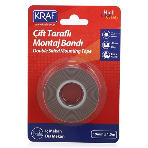 Kraf Çift Taraflı Montaj Bandı 19mmX1,5m (İç-Dış Mekan)