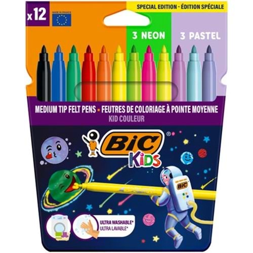 Bic Keçeli Boya Kalemi Kids 12 Renk (6 Normal + 3 Fosforlu + 3 Pastel)