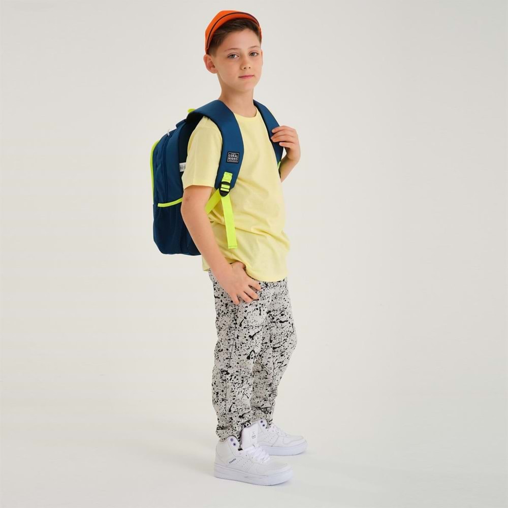Coral High Kids Nefti Fosforlu Sarı Araba Desenli Üç Bölmeli Okul Sırt Çantası 14406
