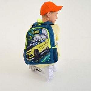 Coral High Kids Nefti Fosforlu Sarı Araba Desenli Üç Bölmeli Okul Sırt Çantası 14406