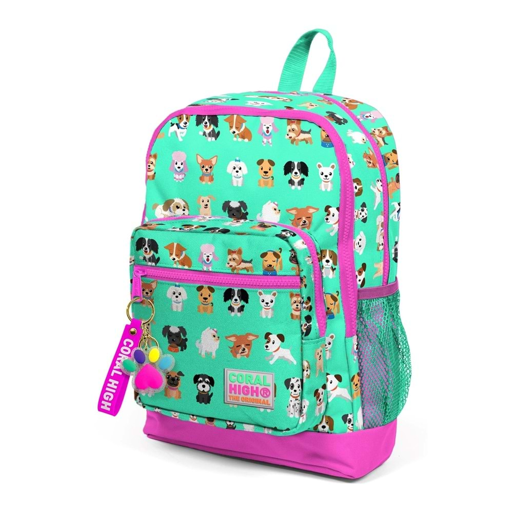 Coral High Kids Su Yeşili Neon Pembe Köpek Desenli Dört Bölmeli Okul Sırt Çantası 23465