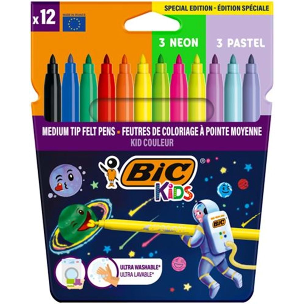 Bic Keçeli Boya Kalemi Kids 12 Renk (6 Normal + 3 Fosforlu + 3 Pastel)