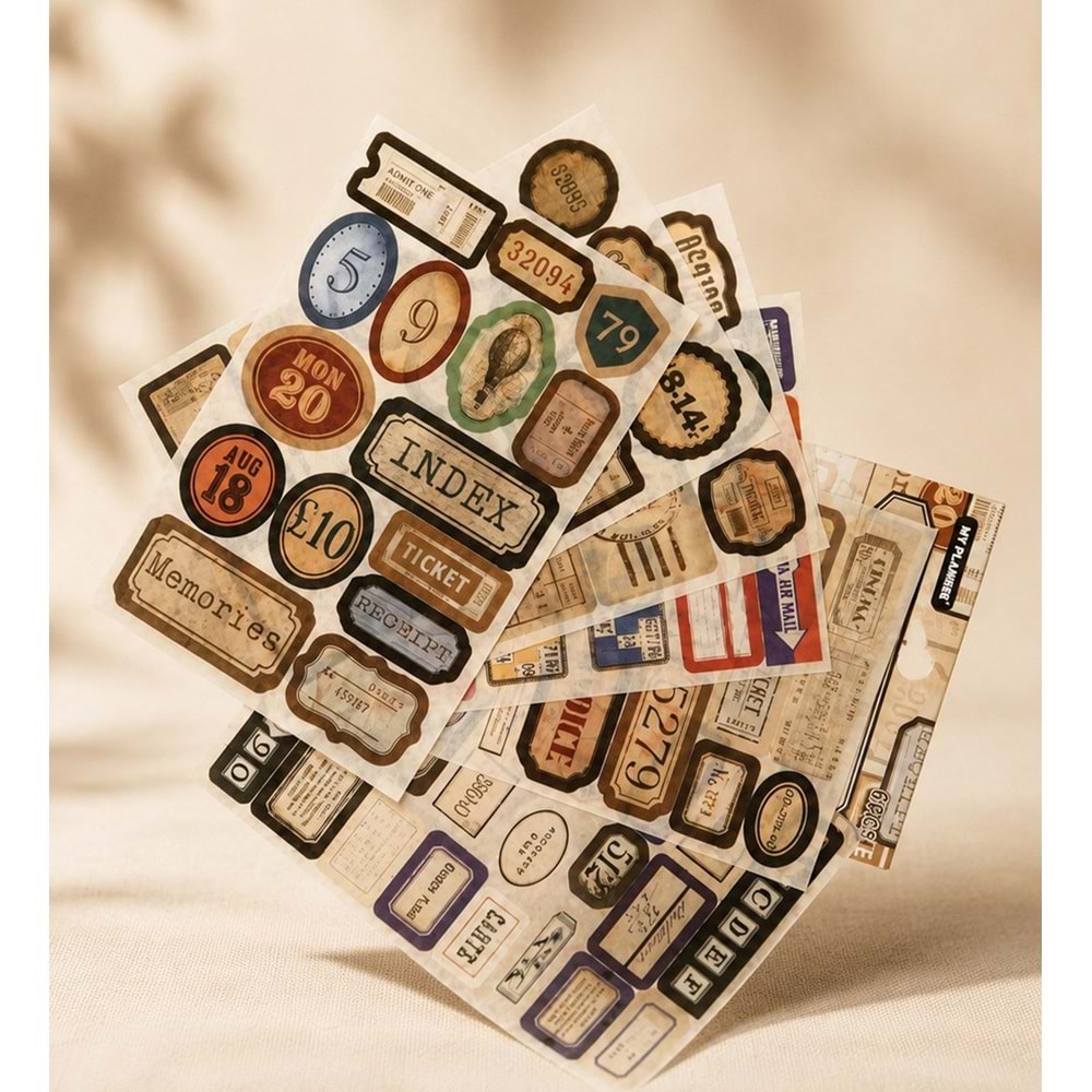 Retro Etiket Scrapbook Sticker Seti 6 Sayfa